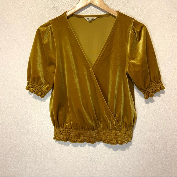 Madewell Yellow ahold Velvet v-neck Puff Sleeve Blouse Top Shirt XS